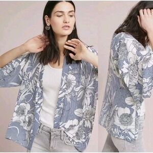 AKEMI‎ + KIN Anthropologie Cream Bkue Stripes Open Front Kimono Size O/S